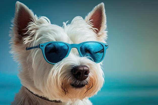 West highland white terrier pies w okularach przeciwsłonecznych na niebieskim tle Zdjęcie dobrej jakości