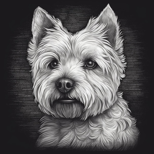 West Highland White Terrier Westie grawerowanie styl zbliżenie portret czarno-biały rysunek