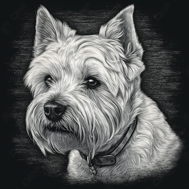 West Highland White Terrier Westie grawerowanie styl zbliżenie portret czarno-biały rysunek