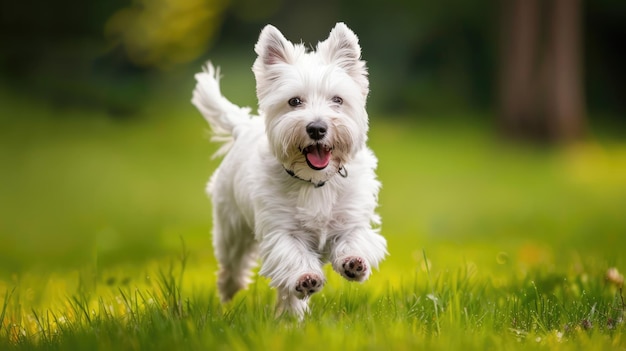 Westland White Terrier biegnie na zewnątrz na dużym trawiastym polu