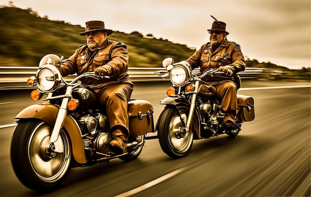 weteran chipy patrol policji na motocyklach jazda na rowerach steampunkowych śmieszne pocztówki generatywna sztuka AI