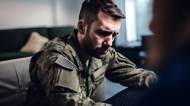 Weteran w mundurze kamuflażowym po wojnie doświadczający bólu PTSD