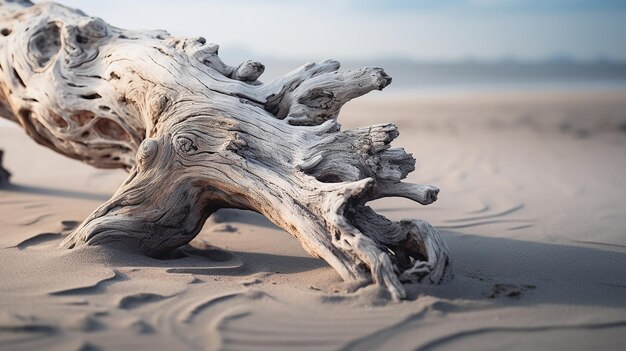 Zdjęcie wetered trunk on windy beach sand nagrodzony krajobraz