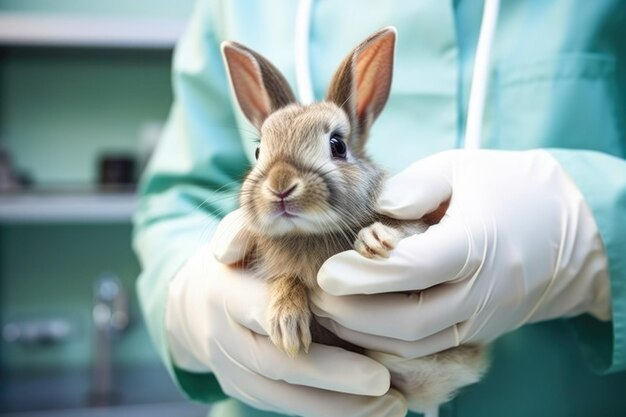 Zdjęcie weterynarz w klinice opiekuje się chorym białym królikiem, podkreślając znaczenie specjalistycznej opieki zdrowotnej dla małych ssaków