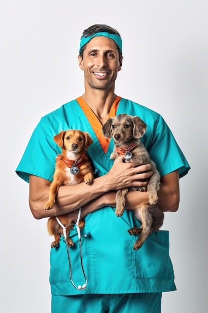 Weterynarz w mundurze medycznym trzymający czystej rasy psy w ramionach uśmiechając się
