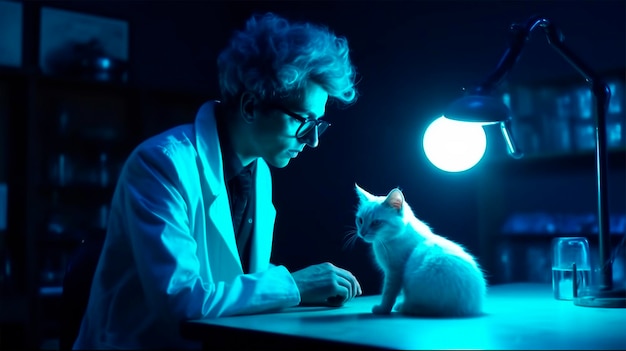 Weterynarz z kotem Młody weterynarz w klinice Biały Kot