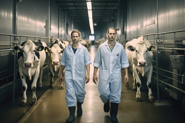 Zdjęcie weterynarze sprawdzający krowy na farmie mlecznej