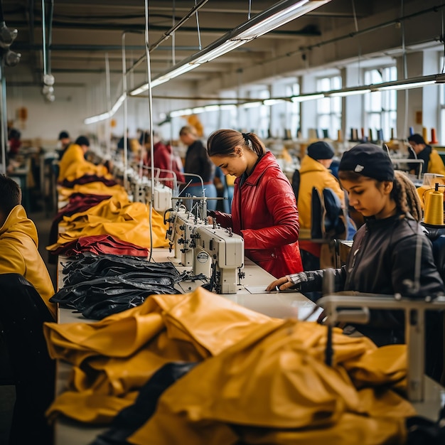 Wewnątrz fabryki dzieci produkujące skórzane kurtki