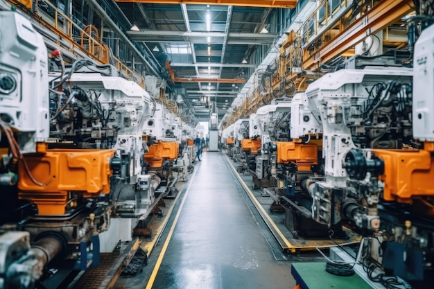 wewnątrz fabryki samochodów wiele maszyn generowanych przez sztuczną inteligencję