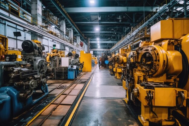 wewnątrz fabryki widać wiele maszyn generowanych przez sztuczną inteligencję