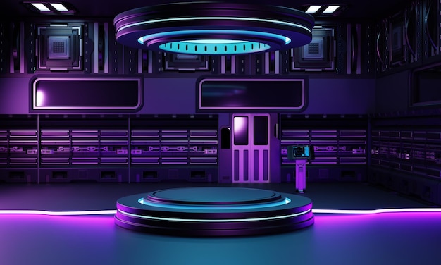 Wewnątrz laboratorium statku kosmicznego architektura wnętrza i puste podium do prezentacji produktu w cyberpunku. Koncepcja technologii i sci-fi. Renderowanie ilustracji 3D