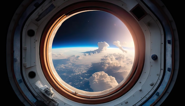 Wewnątrz stacji kosmicznej patrząc na planetę Ziemię wygenerowaną ai