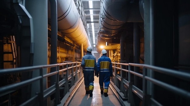 Wewnątrz zakładu produkcyjnego rafinerii pracownicy przemysłowi lub inżynierowie przechodzą obok gazociągów Generative AI