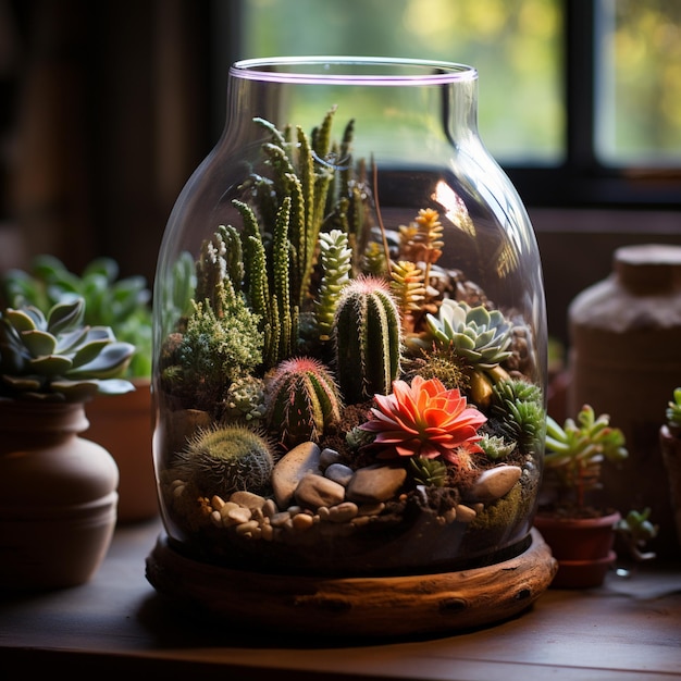 Zdjęcie wewnątrz znajduje się szklany wazon z różnorodnymi roślinami.