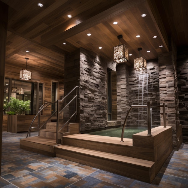 Zdjęcie wewnętrzna kąpiel z kamienną ścianą akcentową i drewnianym sufitem