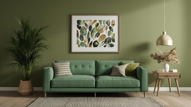 Wewnętrzna maketa zielonej ściany z zieloną kanapą i dekoracją w salonie