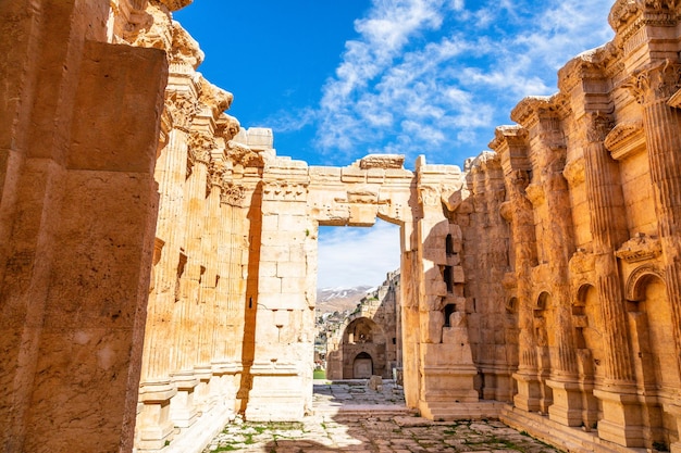 Wewnętrzna sala starożytnej rzymskiej świątyni Bachusa z niebieskim niebem w tle Dolina Bekaa Baalbek Liban