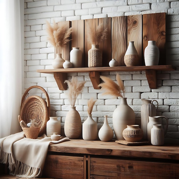 Wewnętrzne tło salonu Kwitnąca gałąź w ceramicznym wazonie drewniany stół generatywny ai
