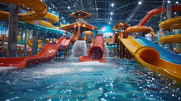 Zdjęcie wewnętrzny park wodny zabawne kolorowe zjeżdżalnie i rozpryskiwanie wody idealne miejsce na rodzinne wakacje i rekreacyjne przygody czeka na wodnym placu zabaw ai
