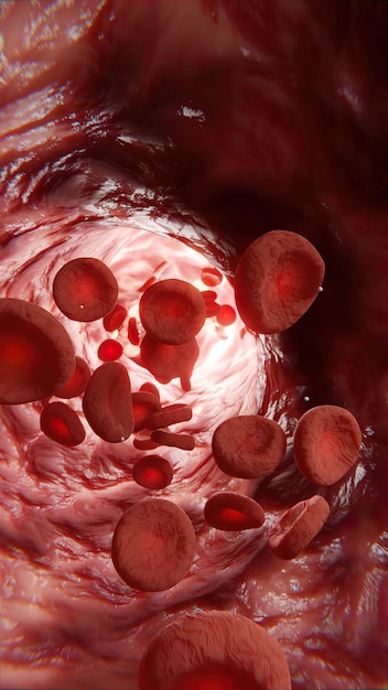 Wewnętrzny wygląd, gdy czerwone krwinki przepływają przez tętnicę renderowania 3D ludzkiej biologii