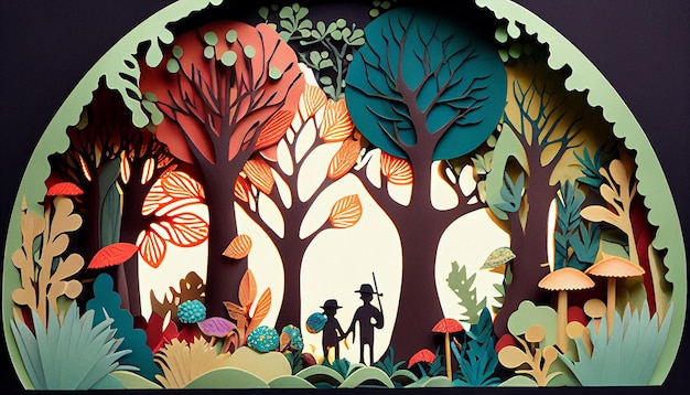 Whimsical Kids Forest w tle ilustracji w stylu cięcia papieru Generative AI