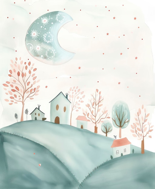 Whimsical Nursery Delight Pastel Baby Blue and Baby Pink Watercolor Painting Stwarza uroczą i spokojną atmosferę Moonglade Doskonała dla przedszkola