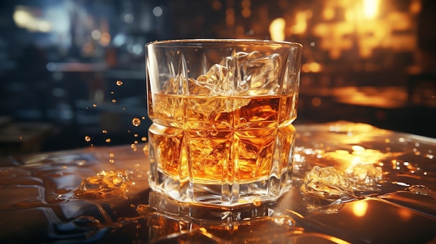 Whiskey na lodzie w świecącym szklanym tle