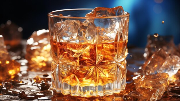 Whiskey na lodzie w świecącym szklanym tle