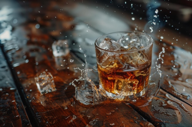 Whiskey on the Rocks Dynamic Pour z kryształami lodu Szklanka whisky z lodem rozpryskującą się na drewnianym stole