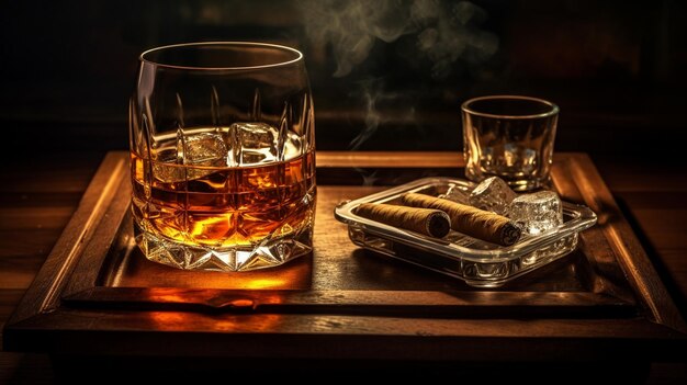 Zdjęcie whiskey w szklance z cygarem i lodem.