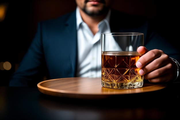Whisky elegancki Mężczyzna z brodą trzyma kieliszek brandy Brodaty biznesmen w eleganckim garniturze z whisky