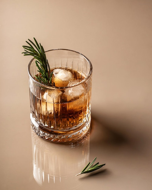 Whisky w szkle kryształowym z rozmarynem na brązowym, lustrzanym monochromatycznym tle Zbliżenie miejsca na tekst