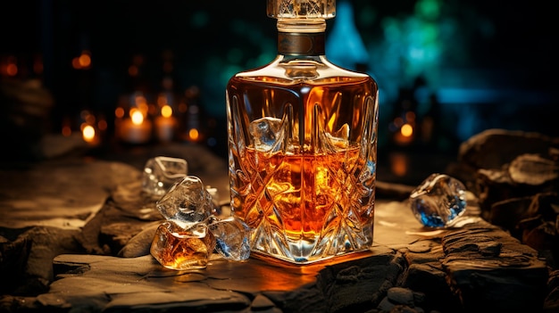 whisky z lodem na drewnianym stole