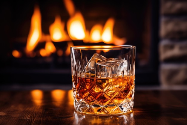 Whisky z lodem na tle kominka Przytulna, odprężająca atmosfera przy kominku