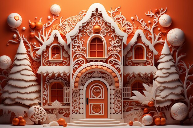 Zdjęcie white_ginger_ginger_and_frosted_house_on_a_red_backg