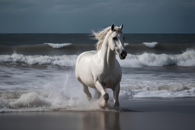 White Horse w Wild Running Stallion przez Seaside Beautiful Horse Streszczenie generatywnej ilustracji AI