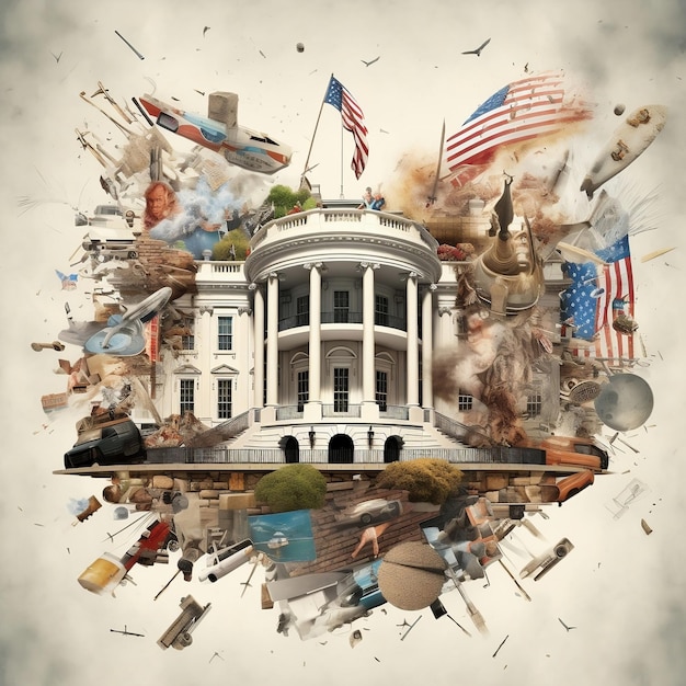 Whitehouse Tapestry Artistic Collage Symbolizujące historię rządu Stanów Zjednoczonych i władzę polityczną Generatywna sztuczna inteligencja