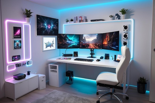 WhiteThemed RGB Lighting Desk i Pusta Biała Ściana dla dostosowywanych efektów środowiskowych