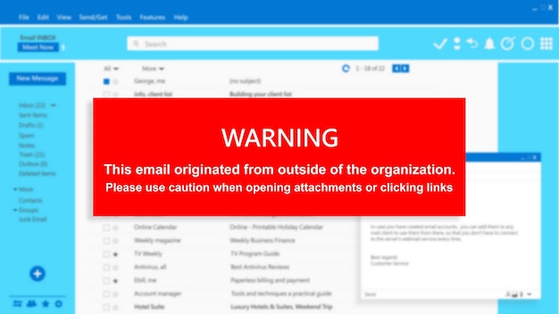 Zdjęcie wiadomość ostrzegawcza e-mail przestroga podczas otwierania załączników i klikania łączy