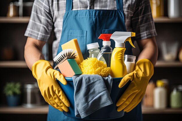 Zdjęcie wiadro z narzędziami czyszczącymi szczotki szmaty naturalne gąbki mycie szczotki i spray sprzątanie domu lub usługi czyszczenia domu