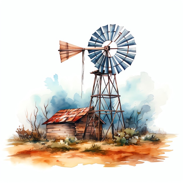 wiatrak na akwarelach zachodni dziki zachód kowboj pustynna ilustracja klipart
