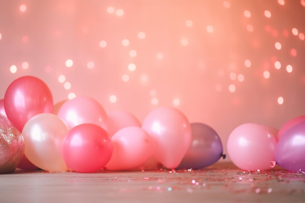 Wiązka balonów na stole z różowym tłem