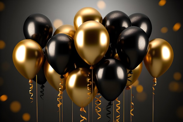 Wiązka czarno-złotych balonów ze wstążką