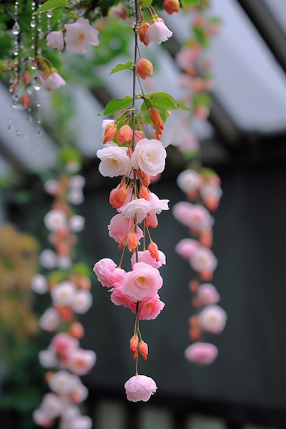 Wiązka różowych kwiatów zwisa z kraty w deszczu.