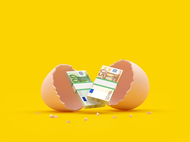 Wiązki banknotów euro w potłuczonej skorupce jajka