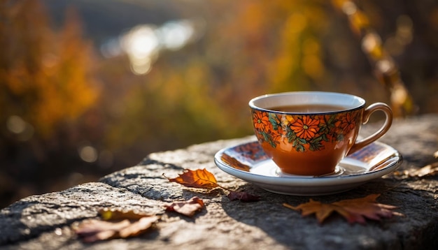 Wibrująca filiżanka herbaty na stole na jesiennym tle