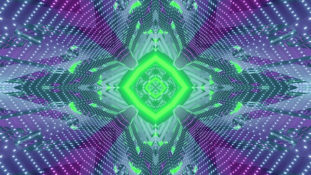 Wibrująca ilustracja 3d abstrakcyjne wizualne tło futurystycznego korytarza z zielonymi i fioletowymi neonami odbijającymi się w lustrzanej powierzchni z geometrycznym wzorem