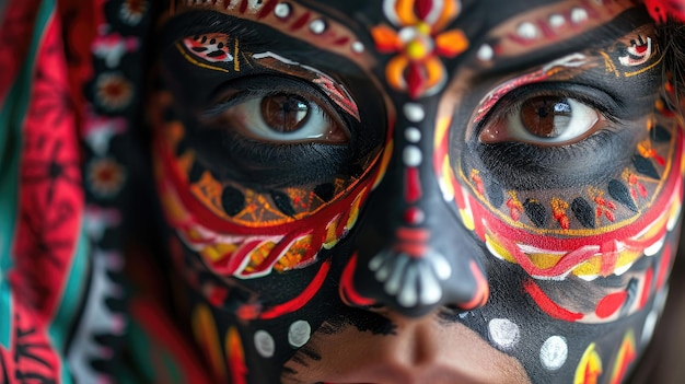 Wibrująca kobieta z kolorowym makijażem i nakryciem głowy Chico De Mayo