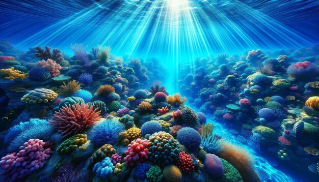 Wibrująca podwodna scena rafy koralowej z promieniami słońca Generatywna sztuczna inteligencja