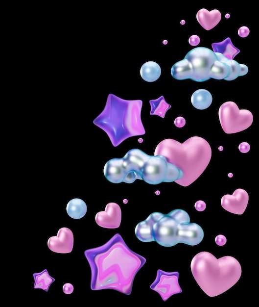 Wibrujące fioletowe gwiazdy błyszczące serca chmury izolowane na czarnym tle Element projektowania narożnika granicznego Uroczystość Święta Walentynek Urodzinowa Dekoracja idealna do uroczystości zaproszenia 3D